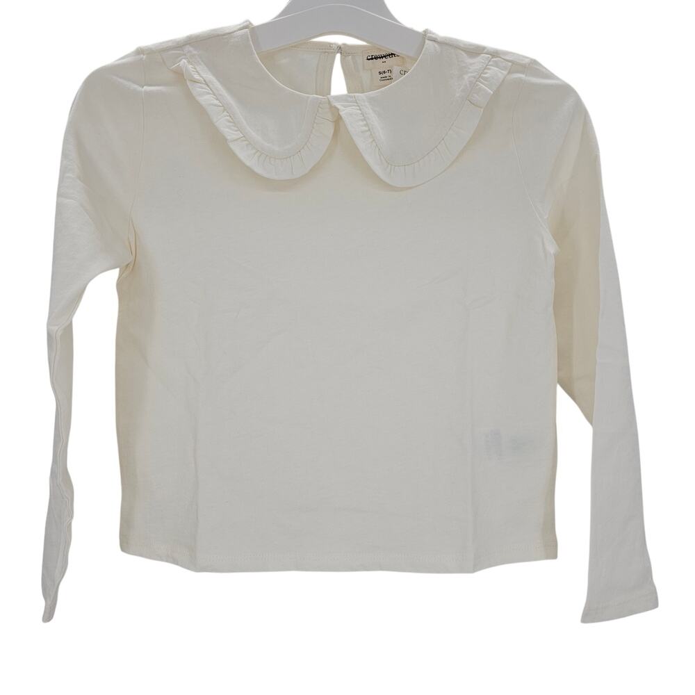 J, Crew Crewcuts Girls size S 6/7 Ruffle Collar Long Sleeve T-Shirt Cream NEW